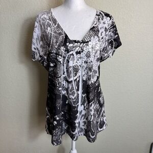 Susan Lawrence Women's Top Blouse Size L Black and White Rhinestones Cap Sleeves